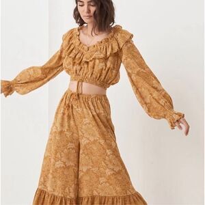 Spell & The Gypsy The Lioness Peasant Top & Wide Leg Pants Set in Caramel Size S